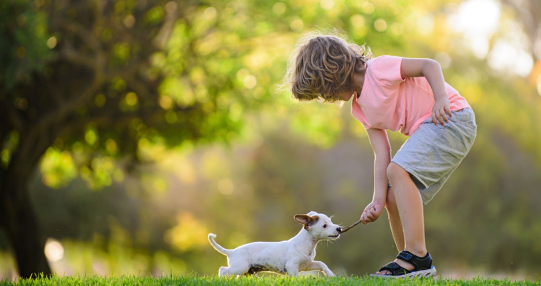 Kid with pets puppy. Happy child and dog hugs her with tenderness smiling.