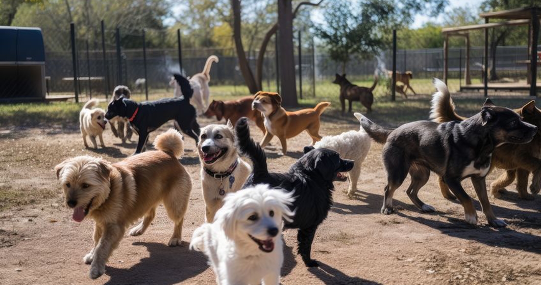 dog park, with many dogs playing and running around, in the background
