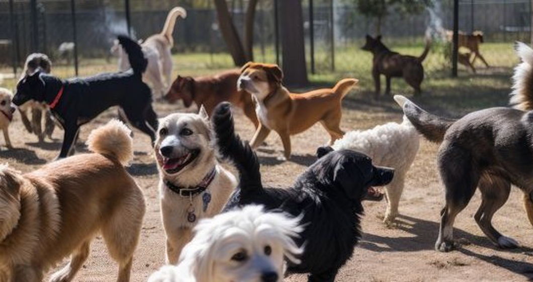 dog park, with many dogs playing and running around, in the background
