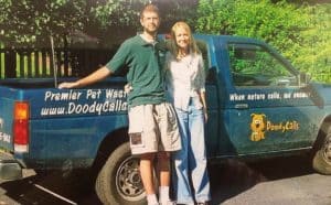 One of the first photos of the founders Jacob and Susan heading out to clean yards – in the very first DoodyCalls truck!